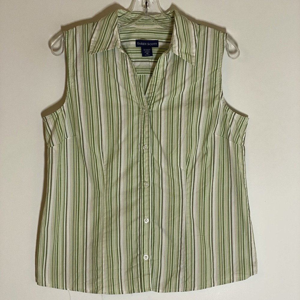 Karen Scott‎ Top Womens 10 Green White Stripe Collared Sleeveless Button Up 90s